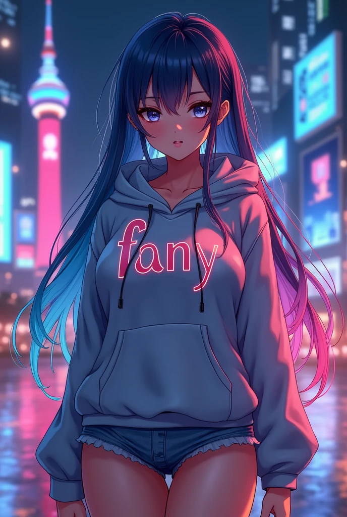 Create anime character;
{background: capital HD text: “GLBK” in center-top, night}, tanned skin,
realistic, HDR, beautiful, japan style, full body, age 20, hoodie HD text: “Fany”, female, graduent blue and pink hair, long hair, boobs size: F
