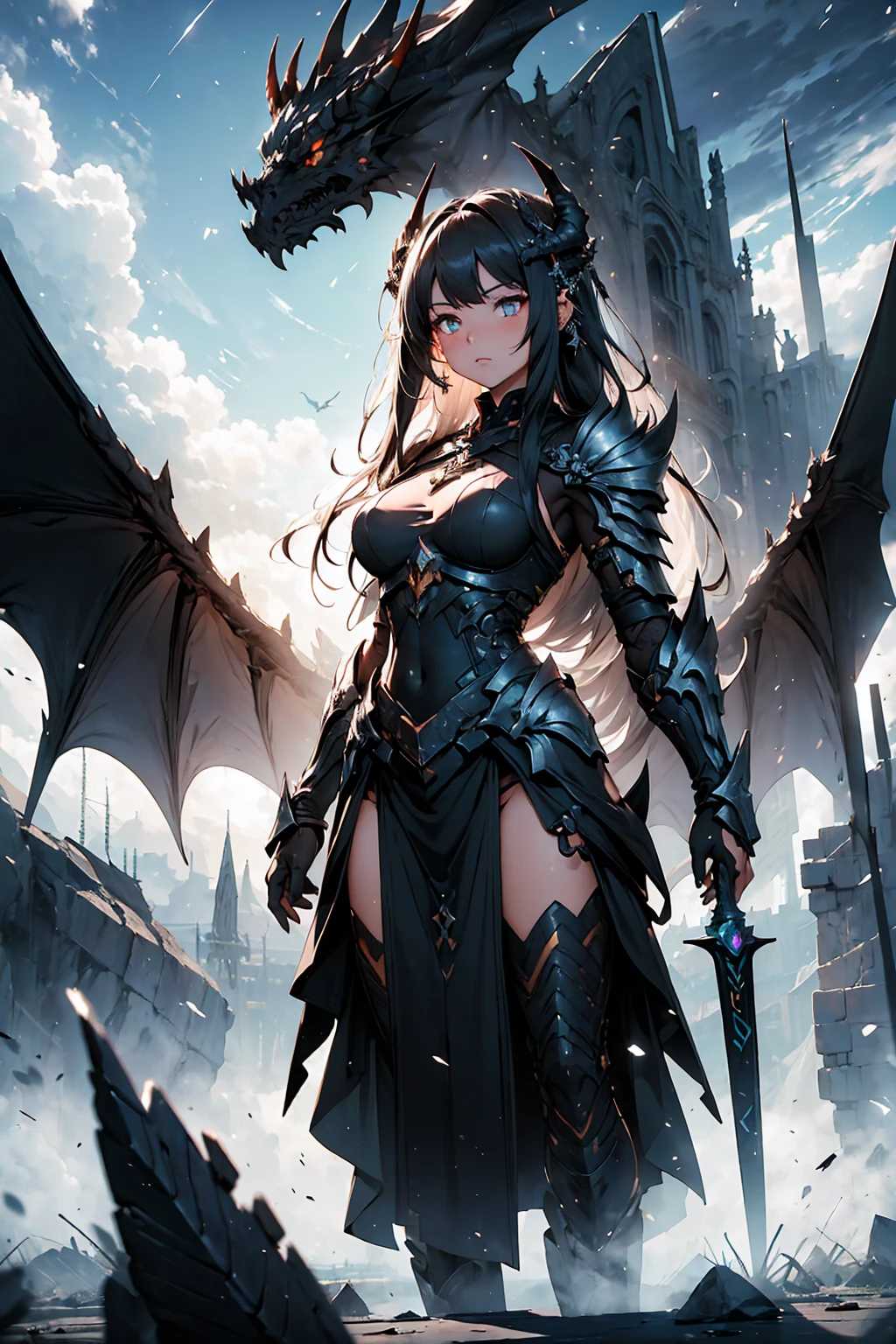 (((masterpiece, best quality, 8k))), female warrior, (full-body), obsidian dragon armor, ethereal glow, long flowing black hair, strands adorned with silver beads, piercing golden eyes, determined expression, standing atop a shattered battlefield, flames and shadows swirling around her, dragons circling in the stormy night sky, ancient ruins in the background, radiating power, (dramatic lighting, dynamic shadows)
