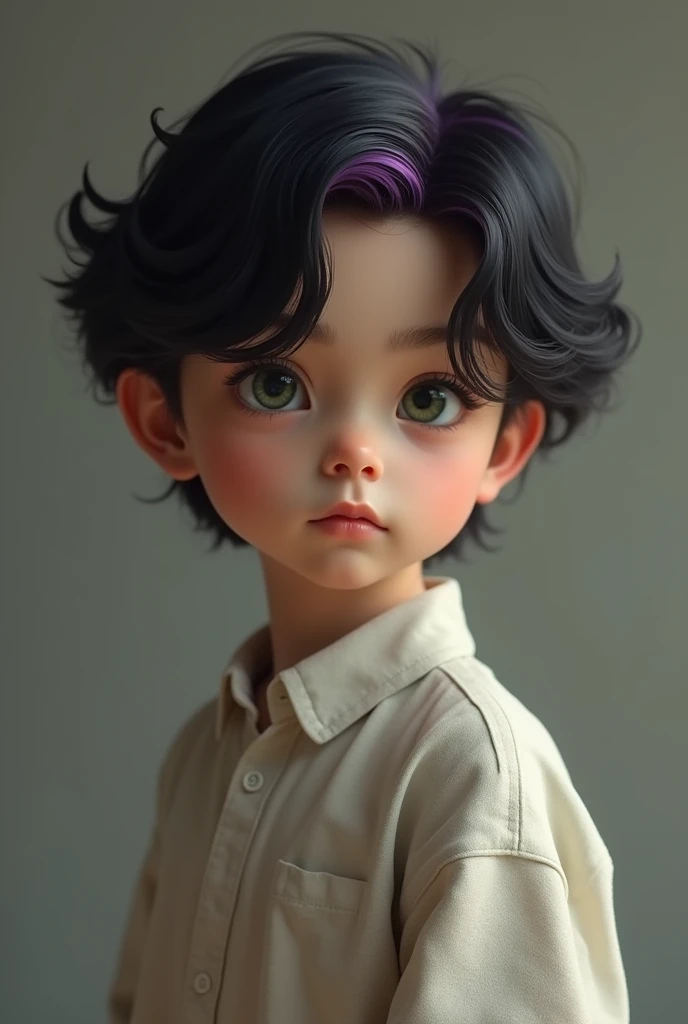 ((((((Look away, Not looking at the camera)))))), (((1 BOY, Solo, Alone))),, (Natural posture, Full body, Standing, Natural posture, upright posture), ((((Emphasis on image quality, top-quality, in 8K, masterpiece, Ultra High Resolution)))), (crisp lines, Crisp Contours, Clean lines),(big eye, Deformation, Cute, , It features a simple, Eye Highlight, Simple little nose, Less hair highlights, smooth lines),(((Hair color is BLACK, LITTLE PURPLE POINT, Wavy Hair)))), ((((girlish, Serious, Cool)))) ,((((eye color is dark green))))