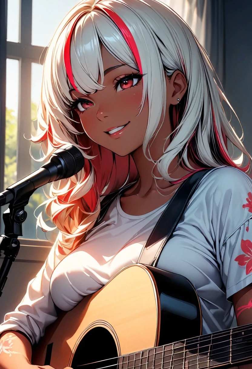 (highest quality:1.2, Very detailed, up to date, Vibrant, Ultra-high resolution, High Contrast, masterpiece:1.2, highest quality, Best aesthetics), Portraiture、girl、singer, solo, ((25-years-old:1)), Bright colors, Beautiful fine details、Beautiful lip detail、medium wave hair、red and white ((streaked hair:1.6)), highlights hair: 1.5, red eyes, slim body, medium breast, (tan skin:1.1), (Floral Fineline tattoo design on left arm:1), tank top, shorts, sitting on bed, bright her room, huge windows, singing, playing acoustic guitar, smile, (upper body:1.5)