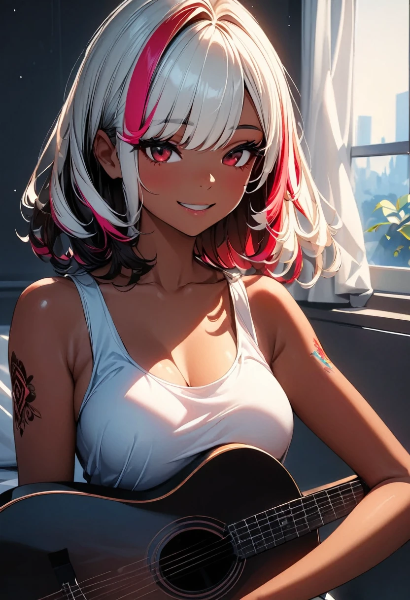(highest quality:1.2, Very detailed, up to date, Vibrant, Ultra-high resolution, High Contrast, masterpiece:1.2, highest quality, Best aesthetics), Portraiture、girl、singer, solo, ((25-years-old:1)), Bright colors, Beautiful fine details、Beautiful lip detail、medium wave hair、red and white ((streaked hair:1.6)), highlights hair: 1.5, red eyes, slim body, medium breast, (tan skin:1.1), (Floral Fineline tattoo design on left arm:1), tank top, shorts, sitting on bed, bright her room, huge windows, singing, playing acoustic guitar, smile, (upper body:1.5)