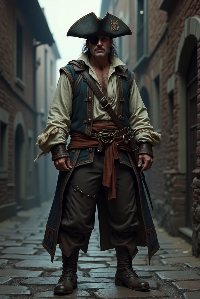 A thief in pirate garb with a cloth covering his left eye