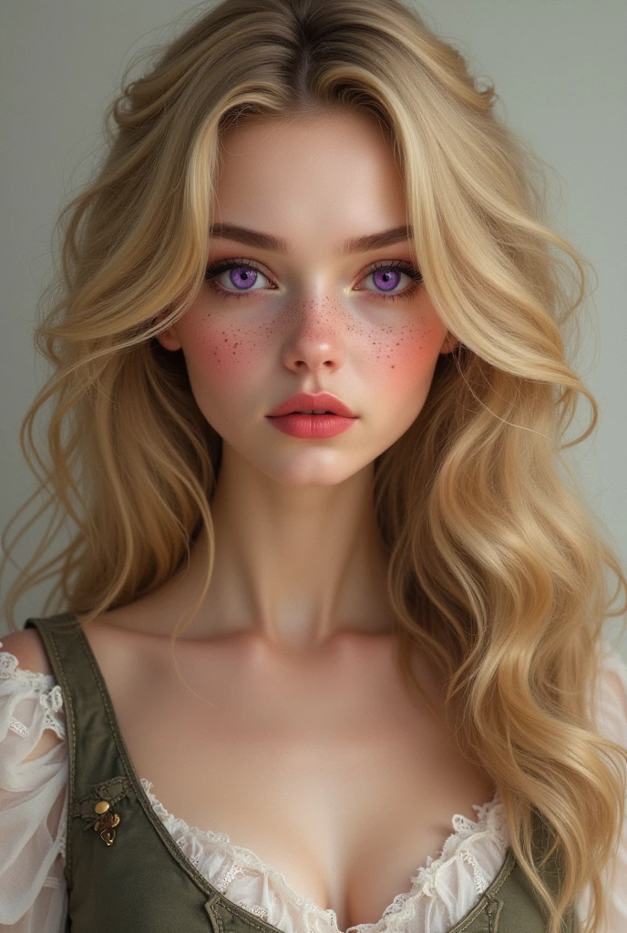 Beautiful woman with long curly blonde hair, purple eyes, long nose, freckles, wearing a vest