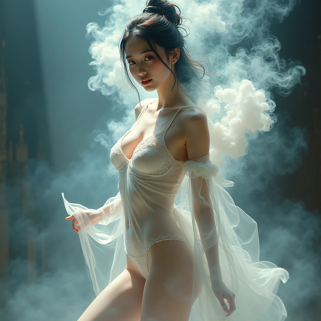 A painting of an Eastern woman made of smoke,Beauty, Clear skin texture,Sweaty body stockings,Beautiful posture,Ultra-high-resolution photos