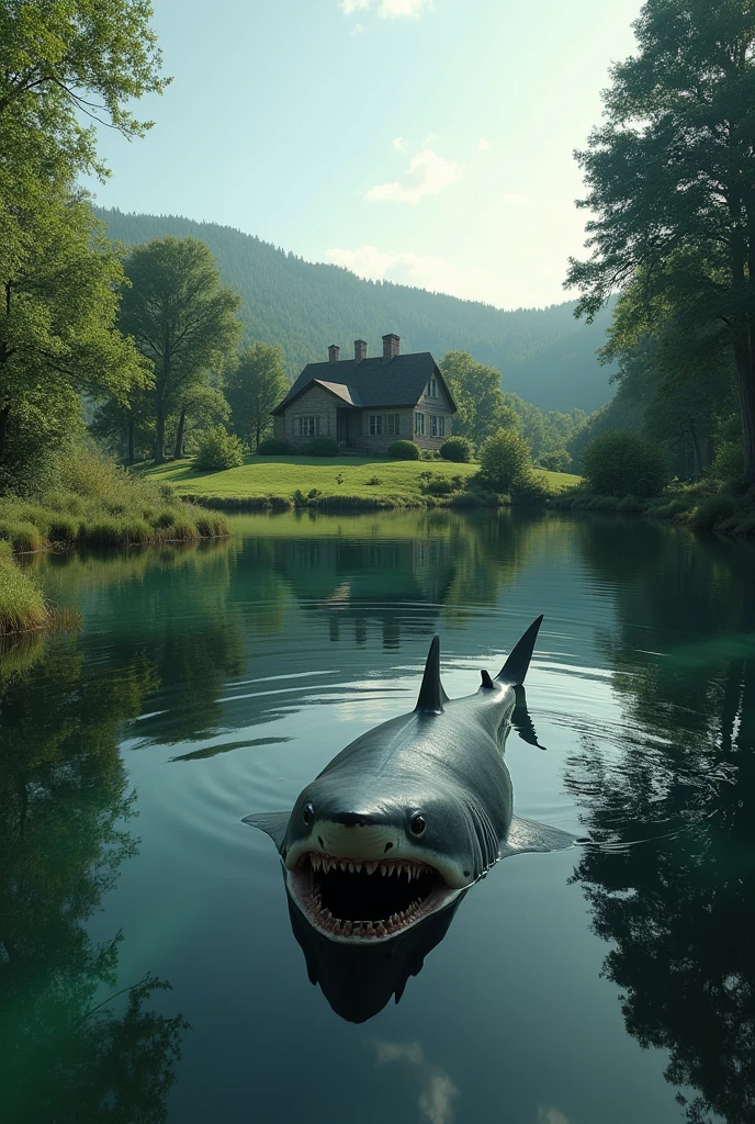 A pond in a rural American home　Dead shark in a pond
