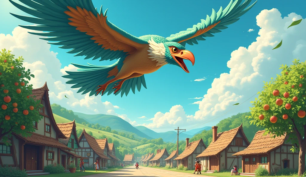 Generate an cinematic cartoon style image " A large bird flying over a village, looking at fruit trees."