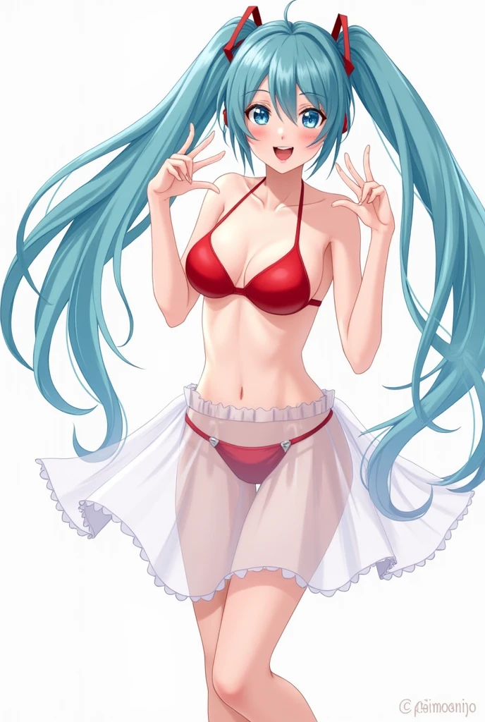 Hatsune Miku sticking her tongue out in a sheer white skirt and a red bikini 