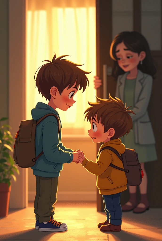 Vanya came closer to Petya and stroked his head affectionately. Petya looked at Vanya and calmed down a little. Vanya took Petya's hand and led him to his house. Vanya's mother was very surprised when she saw them. She asked:
- Vanya, what has happened to Petya? Why is he crying?
- Mom, I don't know! - Vanya answered. - He was crying, and I felt scared. I didn't understand why he was sad.
Mom found out from Petya what was wrong.
Then she hugged both boys and said:
- You know, boys, sometimes grown-ups can quarrel, and it can be very unpleasant. But it's not your fault. It's up to the adults.
