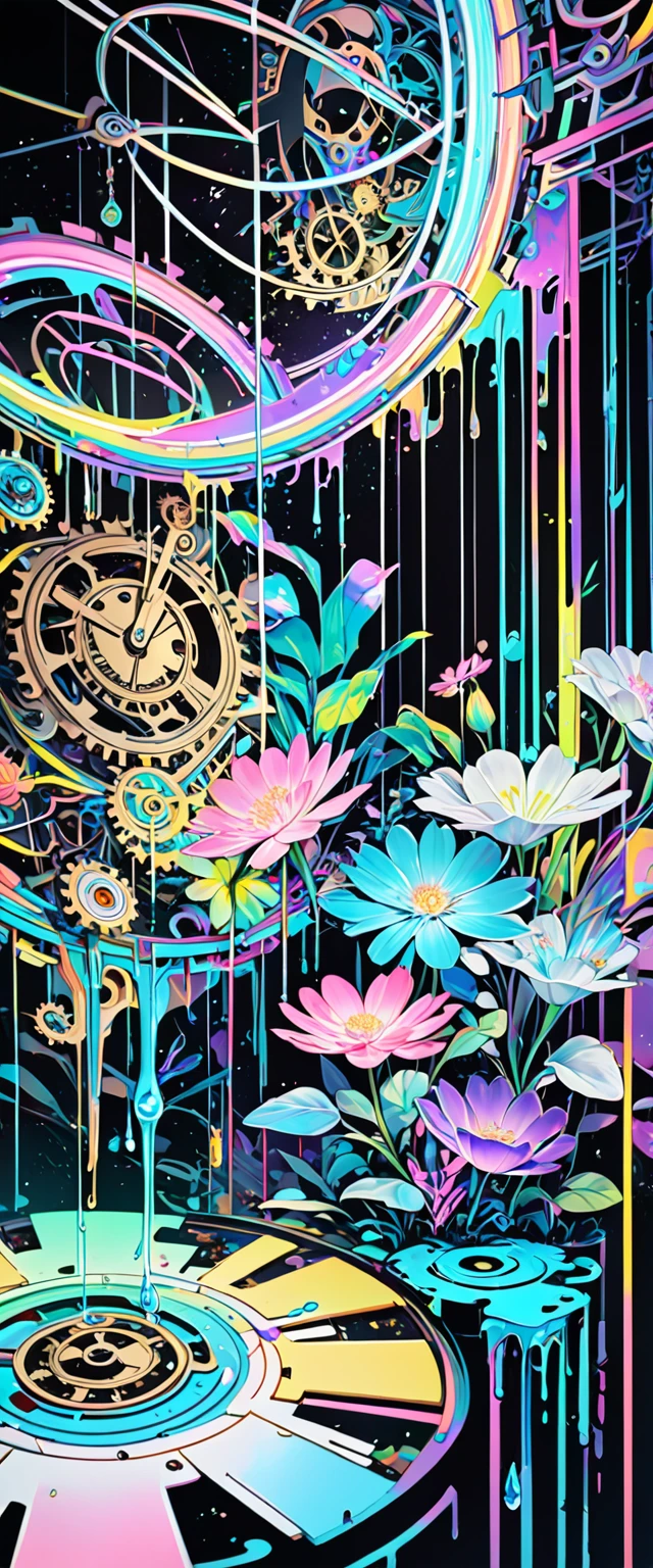 clockwork, mysterious clockwork space, labyrinth space divided by neon line lights, dripping fluorescent paint, iridescent flowers blooming from the point of impact, black and white and pastel colors, transparent, mysterious and funny high and fine artwork