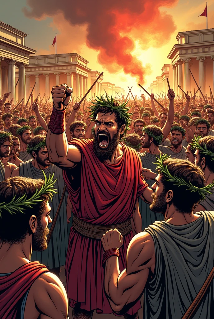 in ancient Rome, Roman people revolted, with crown of branches, roman people fighting, image in comic book drawing