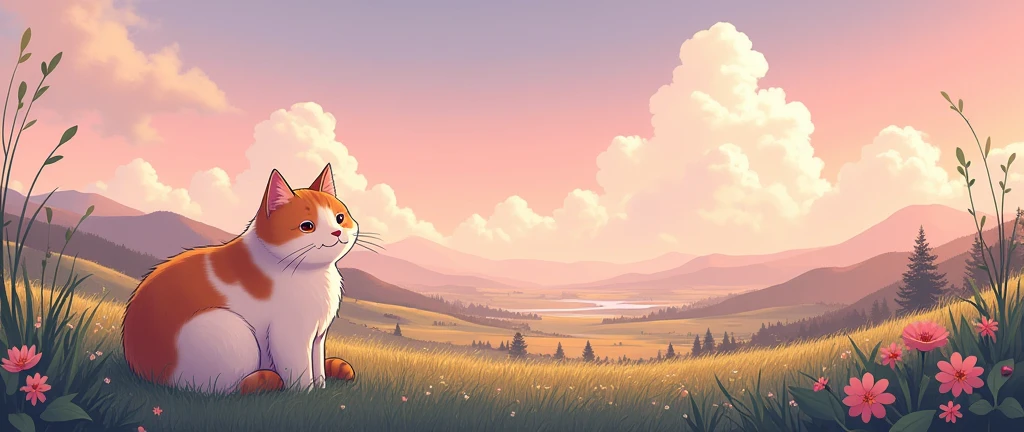 Cat, Cozy , Anime ,Lofi ,Ultrawide , Ghibli vibes , Wide view ,Pink color tones ,landscape