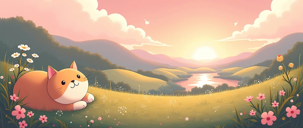 Cat, Cozy , Anime ,Lofi ,Ultrawide , Ghibli vibes , Wide view ,Pink color tones ,landscape