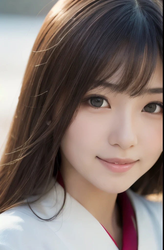 best quality, face focus, soft light, ultra high res, (photorealistic:1.4), RAW photo,(Shinozaki Ai), (fair skin), (kawaii),
1 Japanese girl, solo, cute, (smile), (pupil, lights in the eyes),  detailed beautiful face, Medium-sized breasts,(high resolution detail of human skin texture), long hair,(portrait), upper body, Japanese white kimono
