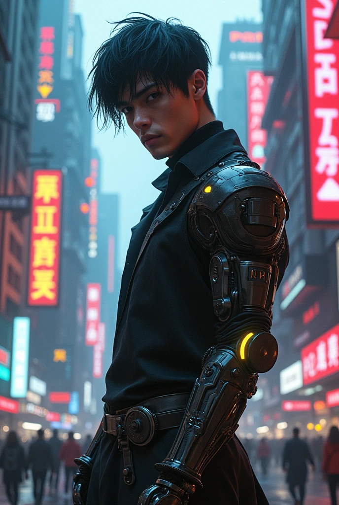 Cyborg handsome young man wukong with cyberpunk city background, prosthetic left hand with staff weapon, cinematic, realistic, high details, punk