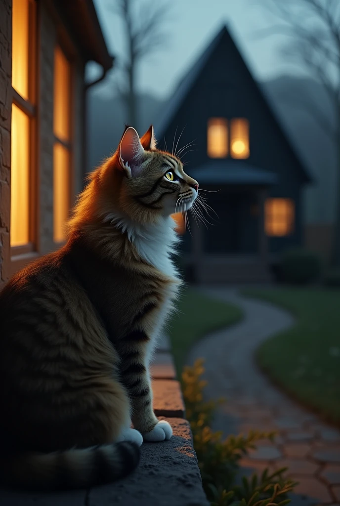 A cat from outside his house looking at a black house
