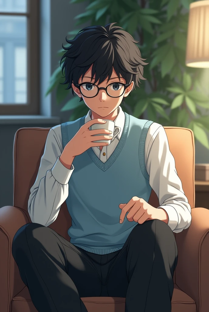 boy high school student anime, gentle, black curly bangs, black eyes, round glasses, white shirt and light blue wool vest, black wide-leg pants, sitting on the sofa, drinking tea (Adult)