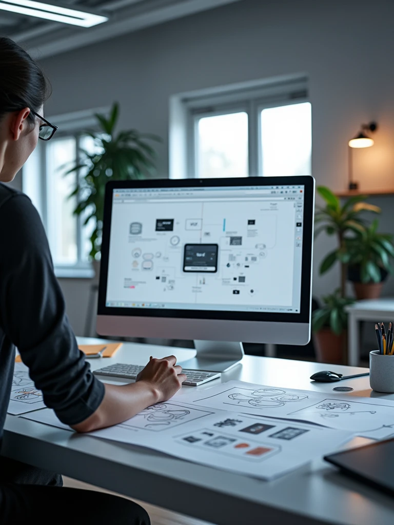 A table with wireframe sketches of screens by a UXer Designer and a computer with a prototype being made on the screen. High resolution image, 4k.