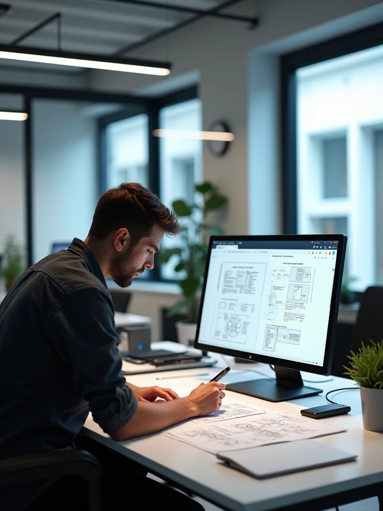 A table with wireframe sketches of screens by a UXer Designer and a computer with a prototype being made on the screen. High resolution image, 4k.