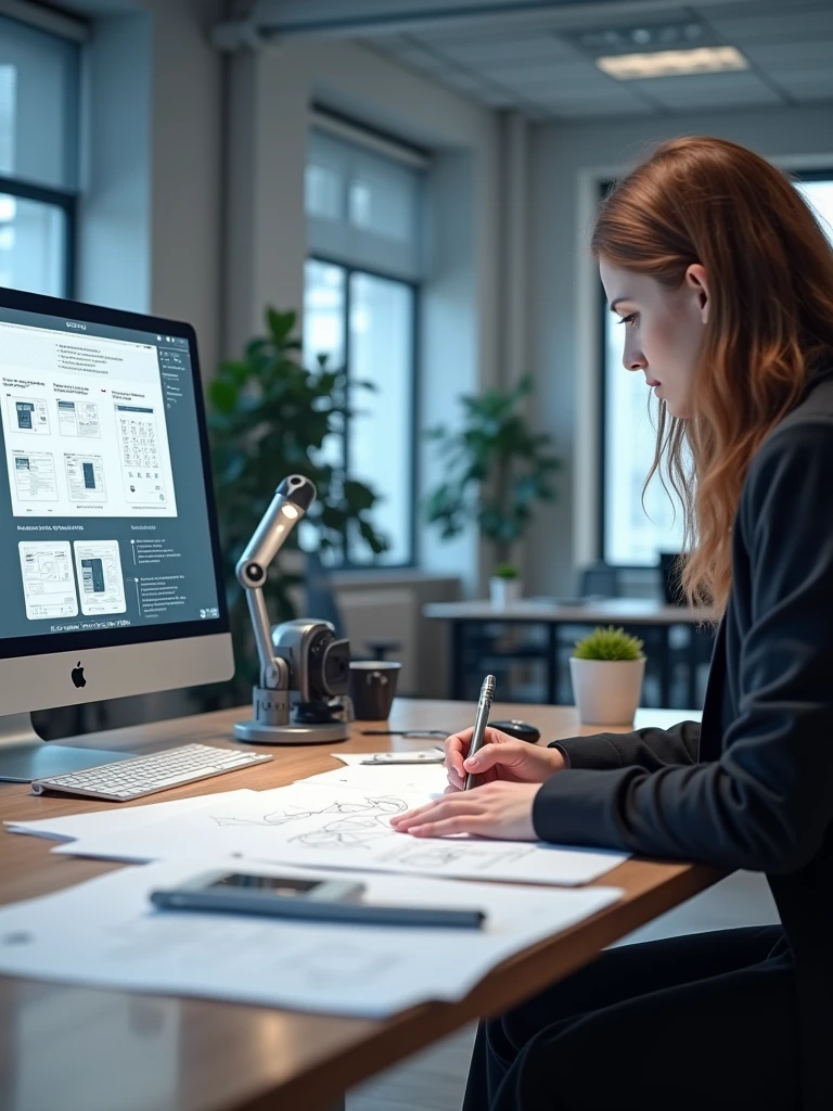 A table with wireframe sketches of screens by a UXer Designer and a computer with a prototype being made on the screen. High resolution image, 4k.