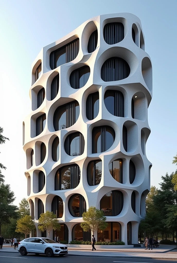 ((best quality)), ((masterpiece)), (detailed), perfect facade architecture , restuarant facade architecture , parametric postmodern  maximal exterior view , high qulity rendering architecture ,sunny  day ,  , 6th floors , white and black  stone material , in the city in tehran , a car parked in front of the building ,  high detail , modern architecture , maximal facade architectur , commercial restuarant facade architectural 