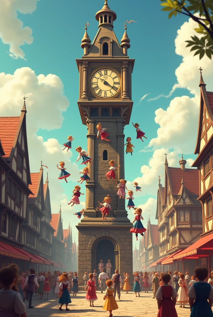 generate an animated image of a medieval city and an old clock in the middle, at the peak of the clock when it strikes noon, dolls appear coming out of the clock
