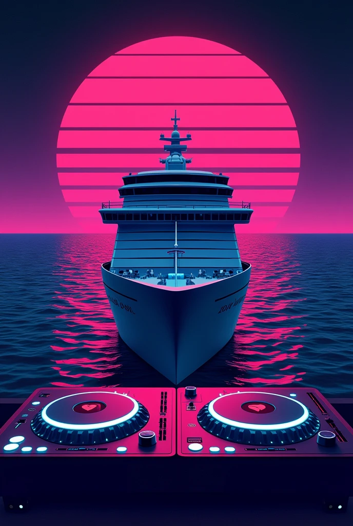 I need an 80s themed Artwork as a poster without people for a Club event which is called LOVE ON DECKS, the name is a pun including the cruise ship and the DJ turn tables. The logo of the party LOVE ON DECKS hast to be visible with an heart instead of an o. The ship and a dj turn table the hast to be prominent
