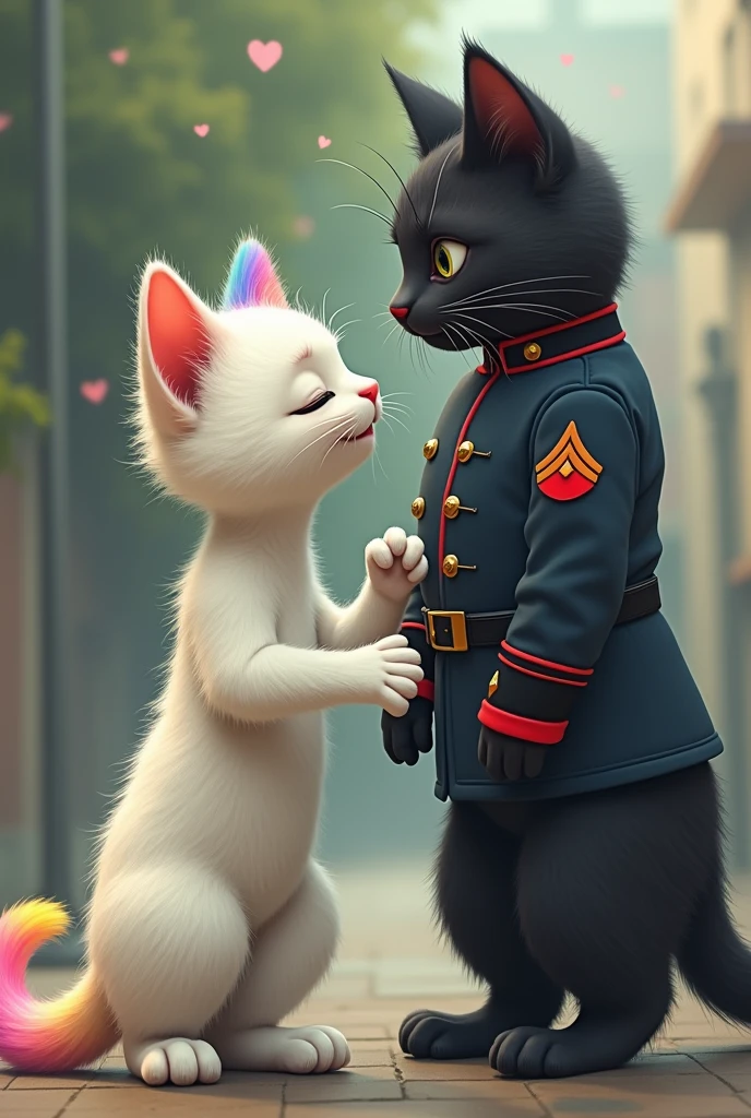 Image 11**: The rainbow-colored white furry cat is wearing one piece dress giving the long height black cat wearing a full army dress a flying kiss as he walks away. She has a tear rolling down her cheek, but she also has a small smile, showing she's happy for him realistic image
