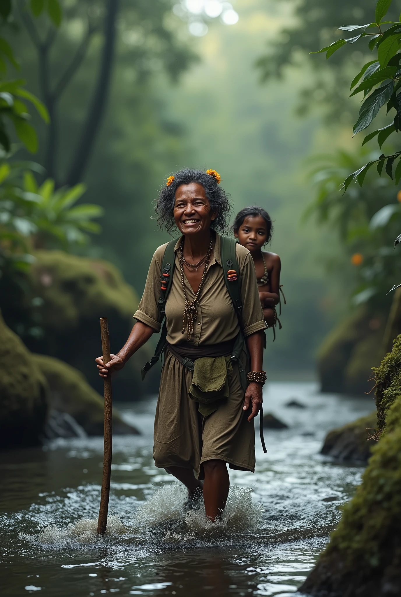 Photorealism 1.4 realistic realism high detailed definition Malaysia native aboriginal orang asli old women curly messy hair crossing river river stream dark skin weaver backpack smile faces jungle big river wearing loose shirt accessories on hair flower wearing sarong hold stick two people on her back river stream