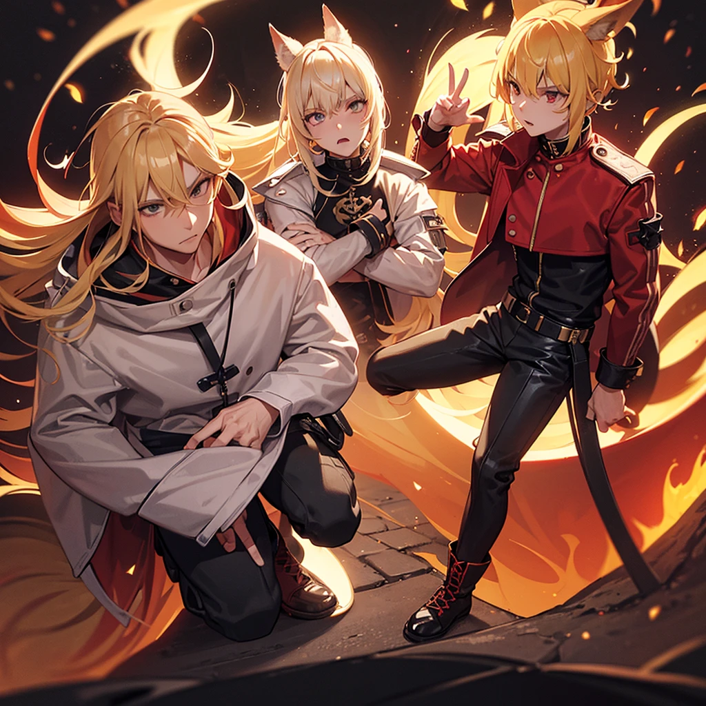 Blond hair man, pointed wolf ears on top of the head, and a blonde tail with a white tip. He wears a red jacket with black details around the neck., black cargo pants, and sturdy black boots lights and flames in the background