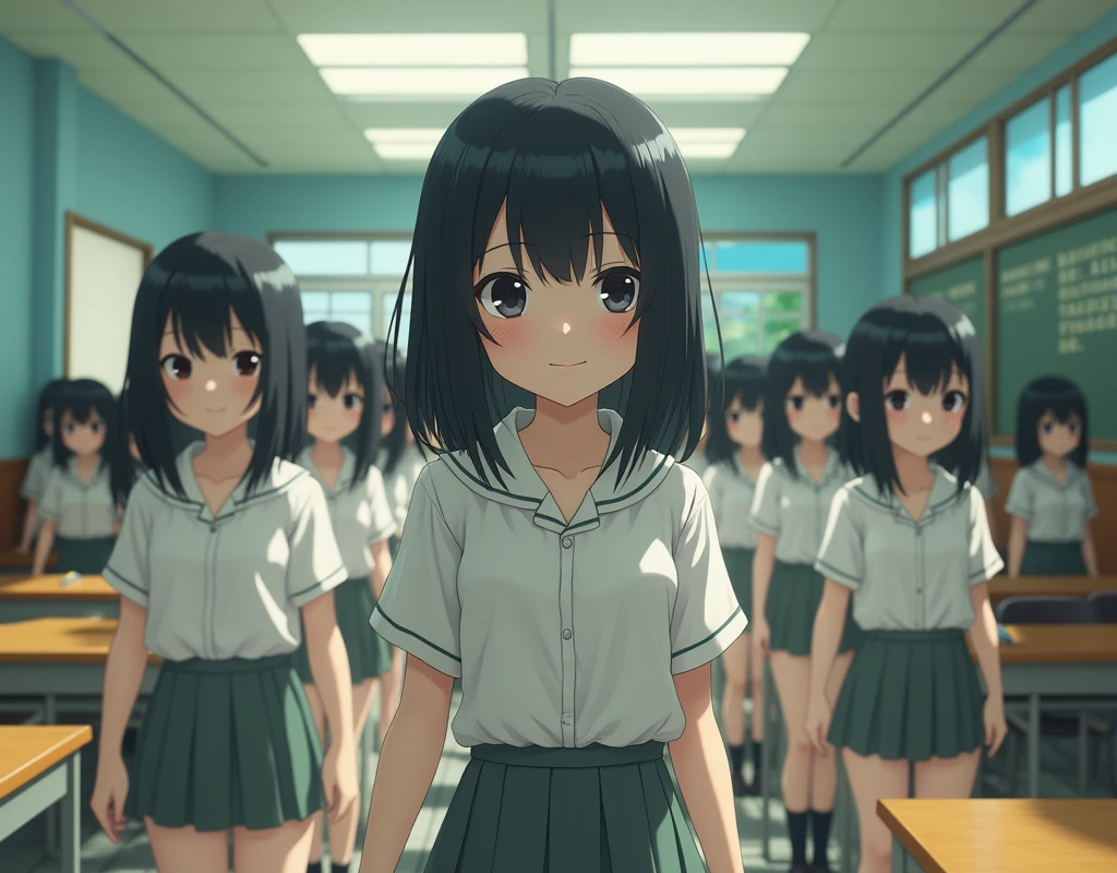 (Japanese Clone-girls=Myself), (Super Best masterpiece Clone-girls Raw Photography Art), (16K, Highest quality, Ultra-high resolution, RAW Photos), (It&#39;s so unrealistic., With unparalleled depiction, With an unfathomable sight, An unprecedented and shocking worldview, Clone-girls: In a world of mass reproduction, Ultra-realistic depiction), (Japanese Girls, Hamabe-Minami, 16yo), (Small face, Thick black hair, long hair, Dark Eyes, Mature face, Cute Smile, Smiling face, A gentle gaze), (Very pleasant look), (Very beautiful and detailed girl, Accurate body structure, Accurate body movements, Very detailed body), (Super big breasts, Large bulge of ample breasts), (High school girl&#39;s summer clothes, Short sleeve, Emphasise the fullness of your breasts), (Very detailed, Myself cloning, Depiction of splitting oneself, 1Myself girl→1,000,000,000,000,000,000,000,000,000,000Myself cloning girls), (Myself clone girlsは, With the same perfect appearance, to multiply in large numbers), (Very detailed depiction, Myself&#39;s multiplying female body, In the same female body,With the same face, With the same hairstyle, In the same clothes, At the same height, 同じSuper big breastsで, A completely indistinguishable female body, 1,000,000,000,000,000,000,000,000,000,000 people), (Myself girls only), (1,000,000,000,000,000,000,000,000,000,000Myself girls), Japanese Classroom, Scenes from class, Bright lighting, Peaceful atmosphere, Talk to Myself, Wide-angle field of view, wide view, Snapshot depiction, You can shoot your subject from anywhere, Excluding the center front of the subject
