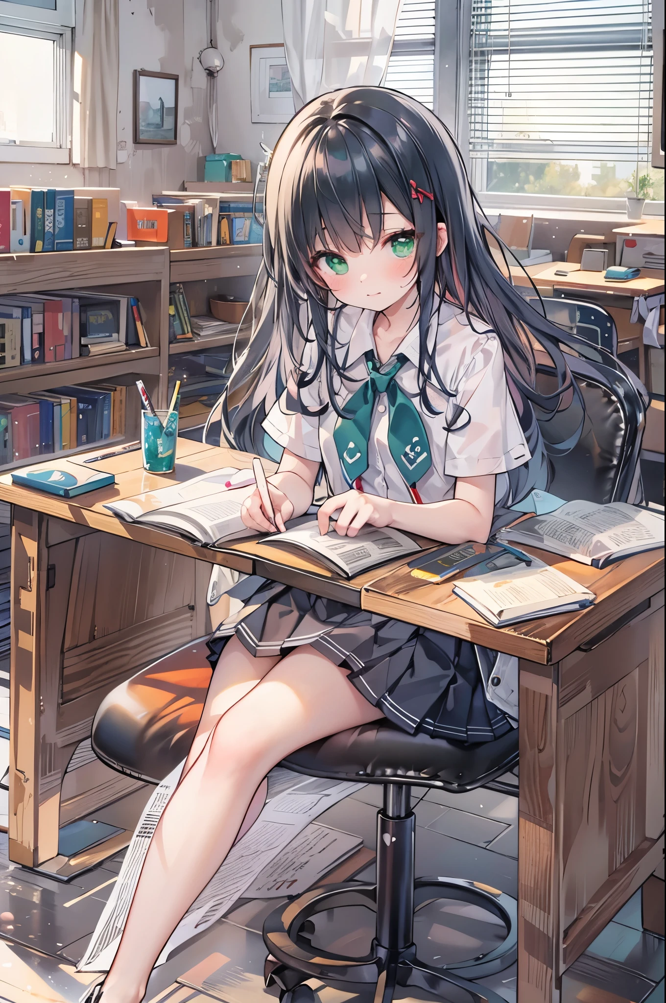((Highest quality, 8k, masterpiece: 1.3)), whole body,1 personの,1 person,,Glamorous Body,cute,Untidy look,Black Hair,Beautiful emerald green eyes,Long Hair,((Close your eyes)),((White short-sleeved blouse,tie)),((Green pleated mini skirt,loafers)),((In the classroom,Sit on a chair,Fold your arms and put your face down on the desk)),