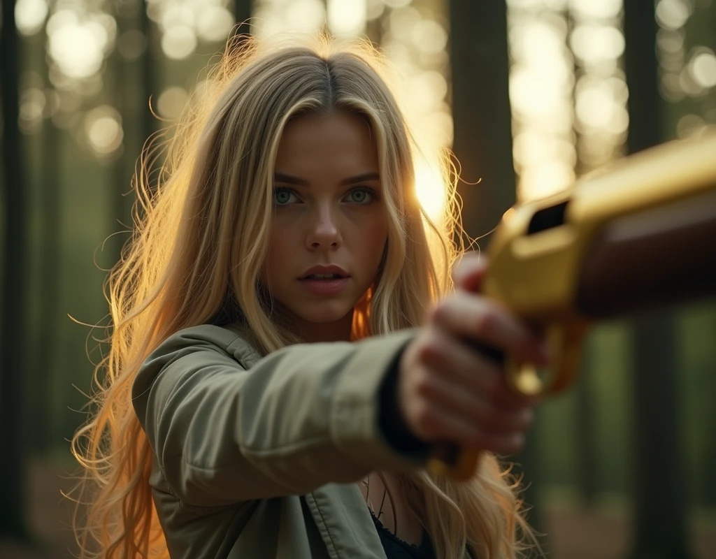 LOW ANGLE SHOT OF BLOND LONG HAIR PALE WOMAN AT AGE OF 30 WITH BLUE EYES, Holding a Shotgun made of gold at the FOREST  , surreal artwork, Impermanence, retro influences. shallow depth of field, 100mm f/3.4, natural light, cinematic, widescreen aspect ratio, Cinematic Dramatic,, volumetric dtx, (film grain, blurry background, blurry foreground, bokeh, depth of field, sunset, interaction, Perfect chainmail)  bright lighting, photorealistic rendering, advertising photograph look and feel. Super High ultra resolution, hyper photorealistic, 255K, super hyper, Sony A7S Ill, f/ 9.0, 1/400. sharp-focus, megapixel.