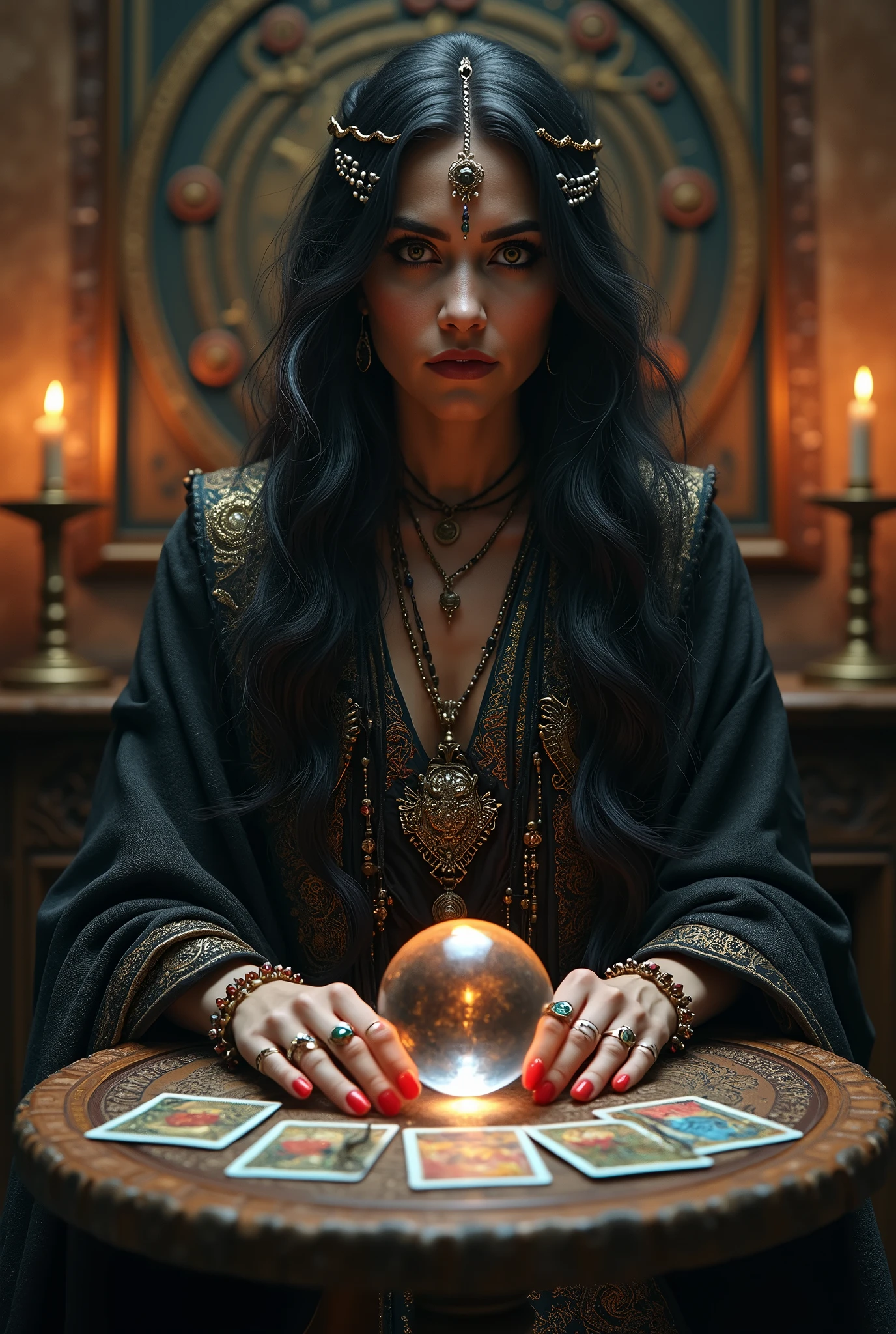 A mysterious and enigmatic fortune teller is seated at a small, round wooden table covered with a deep purple velvet cloth. The fortune teller, a middle-aged woman with long, wavy black hair adorned with silver and gold beads, is wearing a long, dark gown with intricate patterns and a shawl with mystical symbols embroidered in shimmering thread. Her eyes are intense, framed by dark eyeliner, and she has several rings with large, colorful gemstones on her fingers. In front of her, a deck of tarot cards is spread out, and a crystal ball emits a soft, ethereal glow. The room is dimly lit by candles, casting shadows on the walls covered with ancient tapestries and mysterious symbols. The atmosphere is thick with an air of mystery and ancient wisdom. The fortune teller should be centered, staring directly at the camera, with the table in front of her in the middle of the image.
