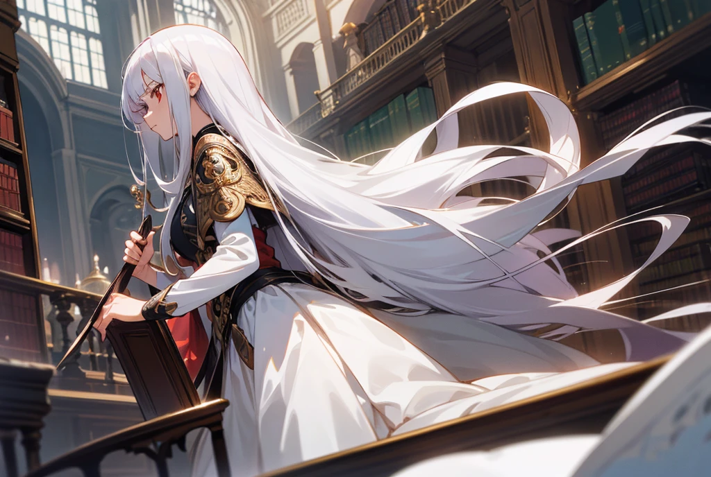 Girl with long hair，Hair falls to the floor，Silver Hair，one piece，Lady，library，，Beautiful profile，Handsome face，Red Eyes，solo, One girl, Long Hair, bangs, Character profile, Anime Style, とてもLong Hair, Super long hair, High resolution, Ultra high definition, 