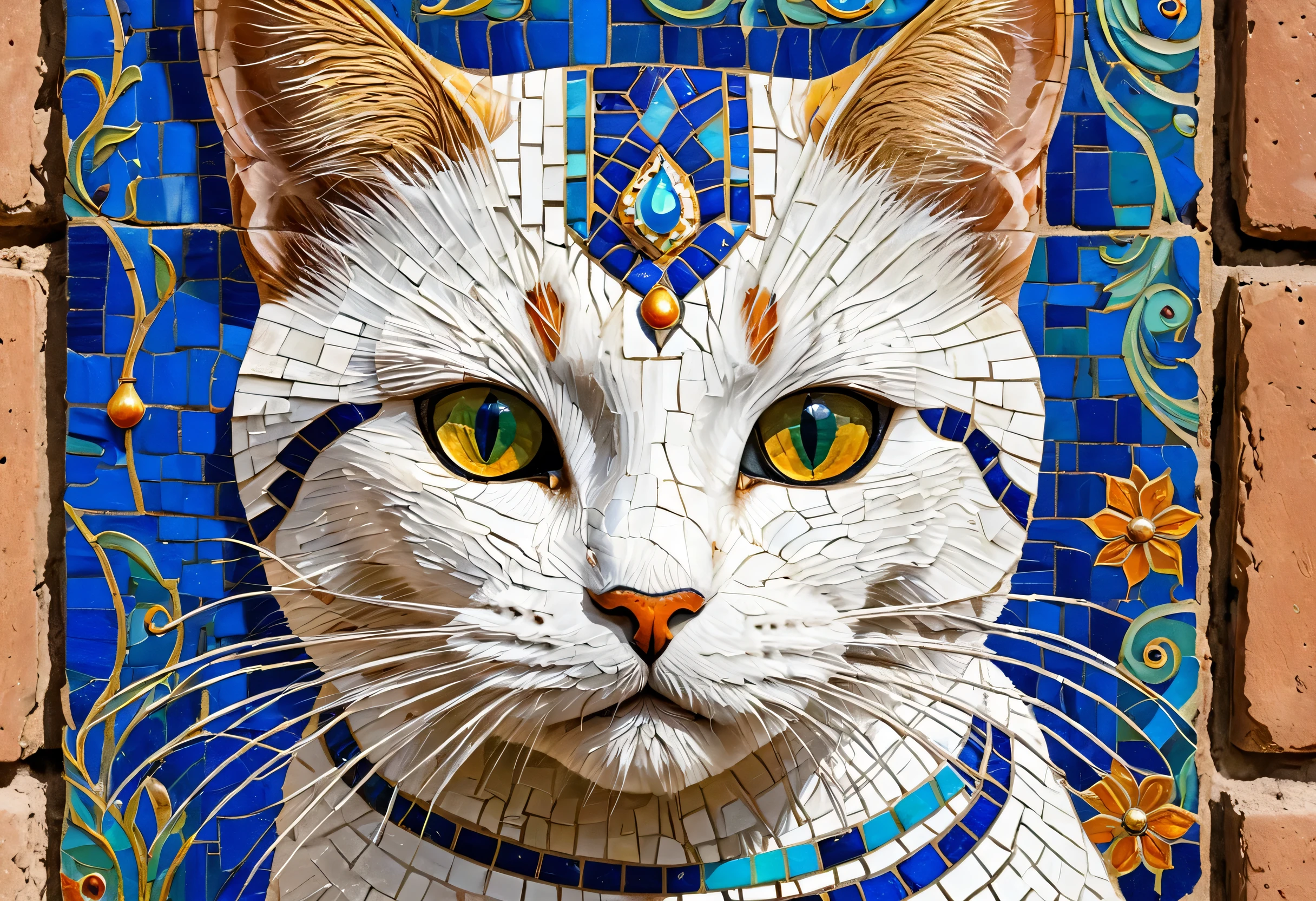 Close-up of a cat painting on a brick wall, Mosaics inspired by Kamal-ud-din Behzad, Flicker, cloisonne, Ishtar Gate, In major cities of Mesopotamia, Cities of ancient Persia, Mesopotamico, Ancient Mesopotamia, Sumerian goddess Inanna Ishtar, Assyria