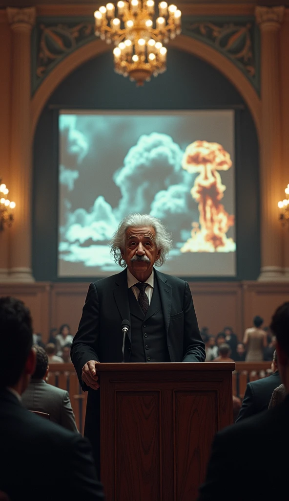 Throughout his life, Einstein was an advocate for pacifism and social justice, although he warned about the use of nuclear energy. "Albert Einstein giving a speech at a large university hall in the early 20th century, wearing a dark suit with a tie, addressing a captivated audience, a projection screen behind him showing images of nuclear explosions and peace symbols, the background showing the grand architecture of the hall with tall columns and chandeliers, hyper-realistic, photo realism, cinematography -- ar 9:16."