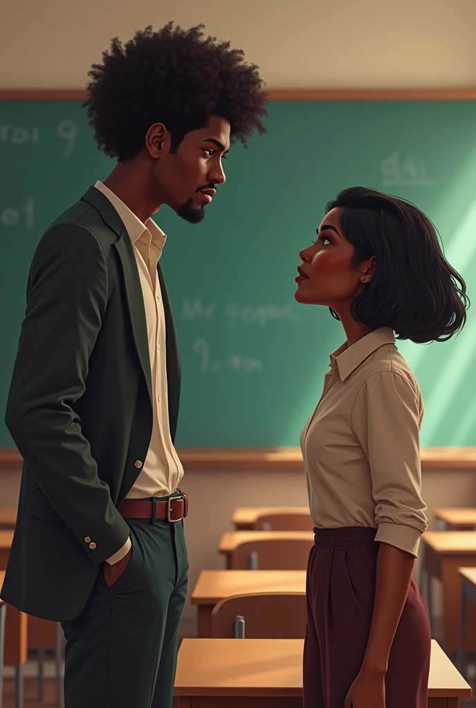 Create rivals in a classroom A tall dark-skinned man with curly hair A short dark-skinned woman with straight hair