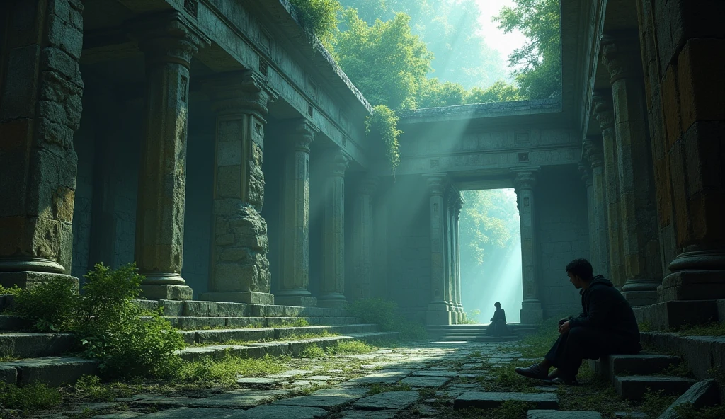 (ultra detailed), Ancient ruins. The camera captures the protagonist sitting in the ancient ruins from above at an angle. From the camera's perspective, a mysterious light shines into the ruins, creating a fantastical atmosphere.