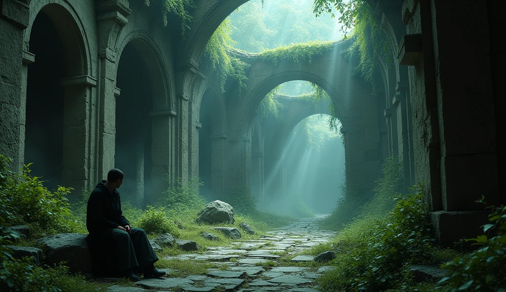 (ultra detailed), Ancient ruins. The camera captures the protagonist sitting in the ancient ruins from above at an angle. From the camera's perspective, a mysterious light shines into the ruins, creating a fantastical atmosphere.