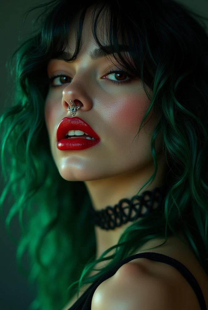 red lips sex piercing and attractive look green hair black as night 