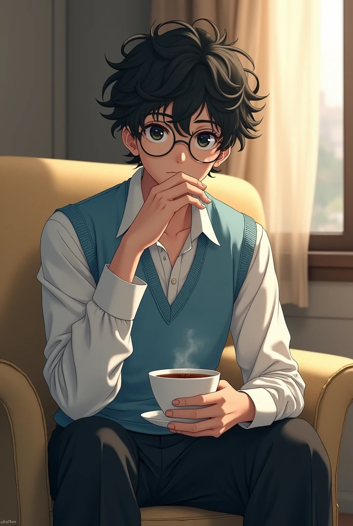 boy high school student anime, gentle, black curly bangs, black eyes, round glasses, white shirt and light blue wool vest, black wide-leg pants, sitting on the sofa, drinking tea (Adult)