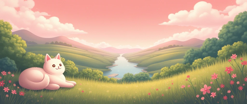 Cat, Cozy , Anime ,Lofi ,Ultrawide , Ghibli vibes , Wide view ,Pink color tones ,landscape