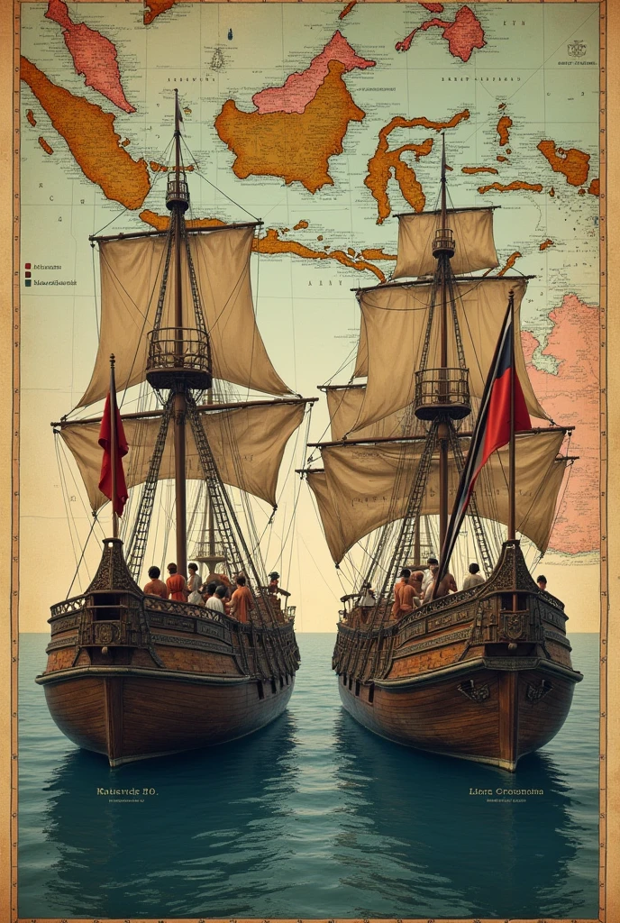 Make a poster In Indonesian waters there are 2 old ships, ship 1 using the Dutch flag, and another wearing the Portuguese flag. Ada gambaran orang jual beli pada zaman dulu. The background is a map of the Indonesian archipelago. The title is: the entry of the Dutch and Portuguese into Indonesia. Ship 1 uses the Dutch flag
