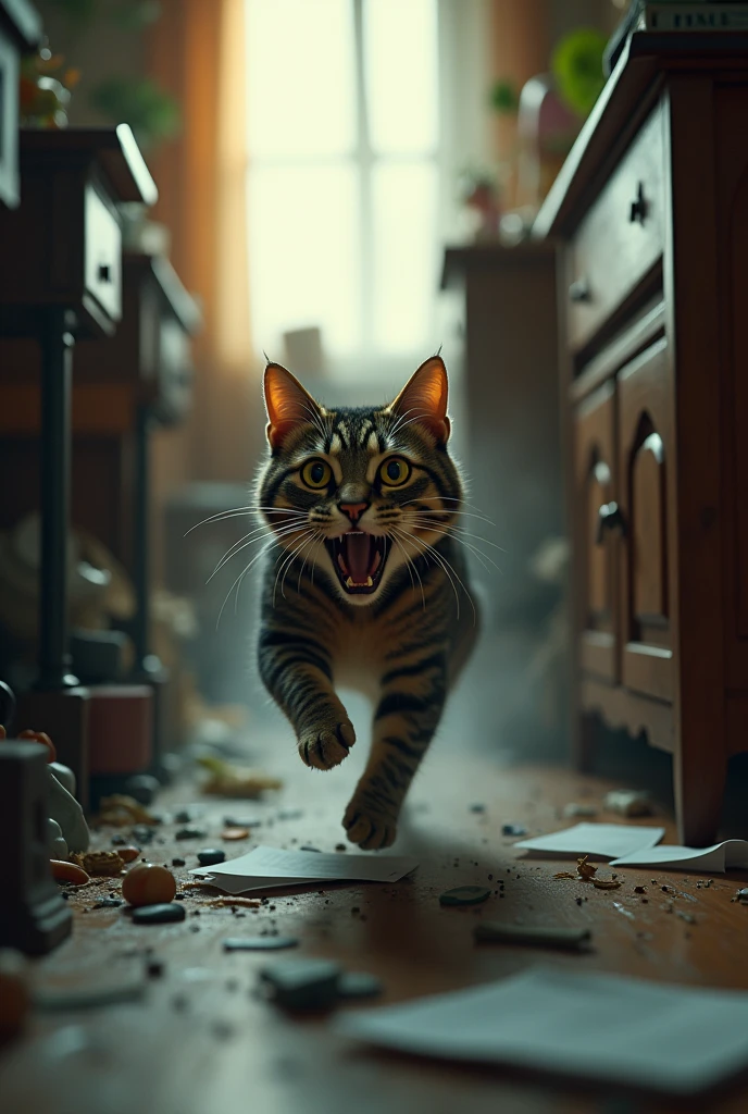 a cat running scared in an apartment