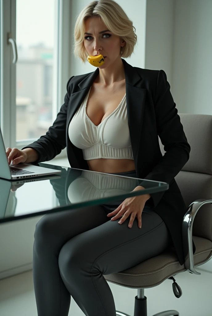 50 years old, A woman with short blonde haire, square cut Real women, she has an hourglass figure, she has a surreal, hentai-like physique, with exaggerated curves that showcase large buttocks and voluminous breasts, she is verry slim
Executive: Elegant woman
Outfit:
Jacket: fitted black blazer.
Top: White silk blouse, slightly sheer.
Bottom: Charcoal gray cigarette pants.
Shoes: Black pumps with heels.
Accessories: Silver metal watch and discreet earrings.
Modern desk: Glass desk with laptop.
She's eating a banana and has it in her mouth.
Eyes: Angry, eyebrows furrowed, focused on work.