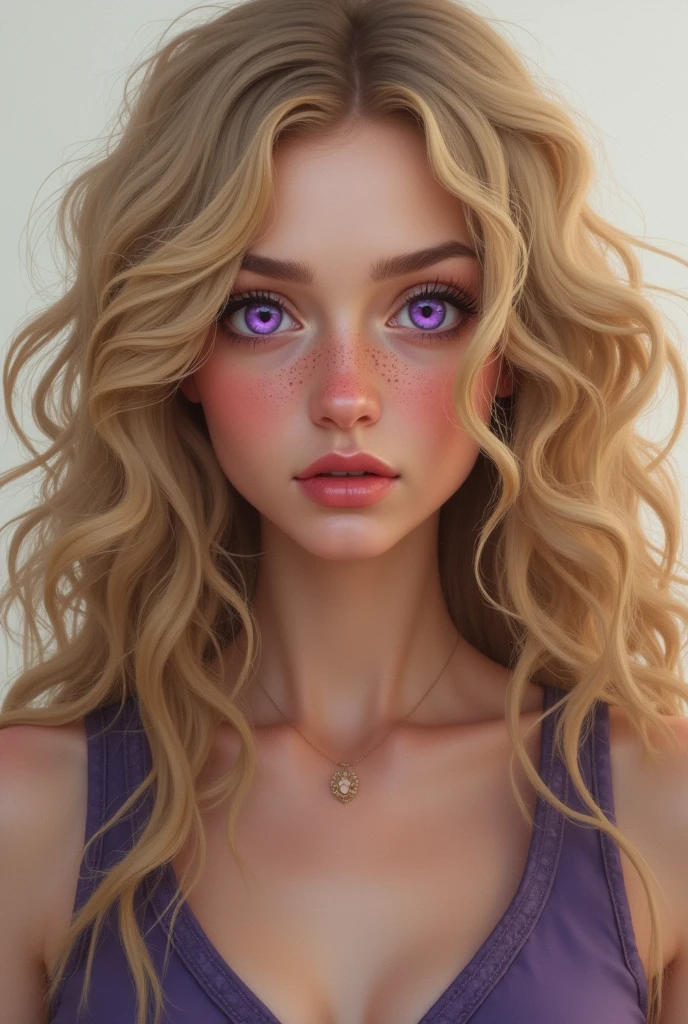 Beautiful woman with long curly blonde hair, purple eyes, long nose, freckles, wearing a vest