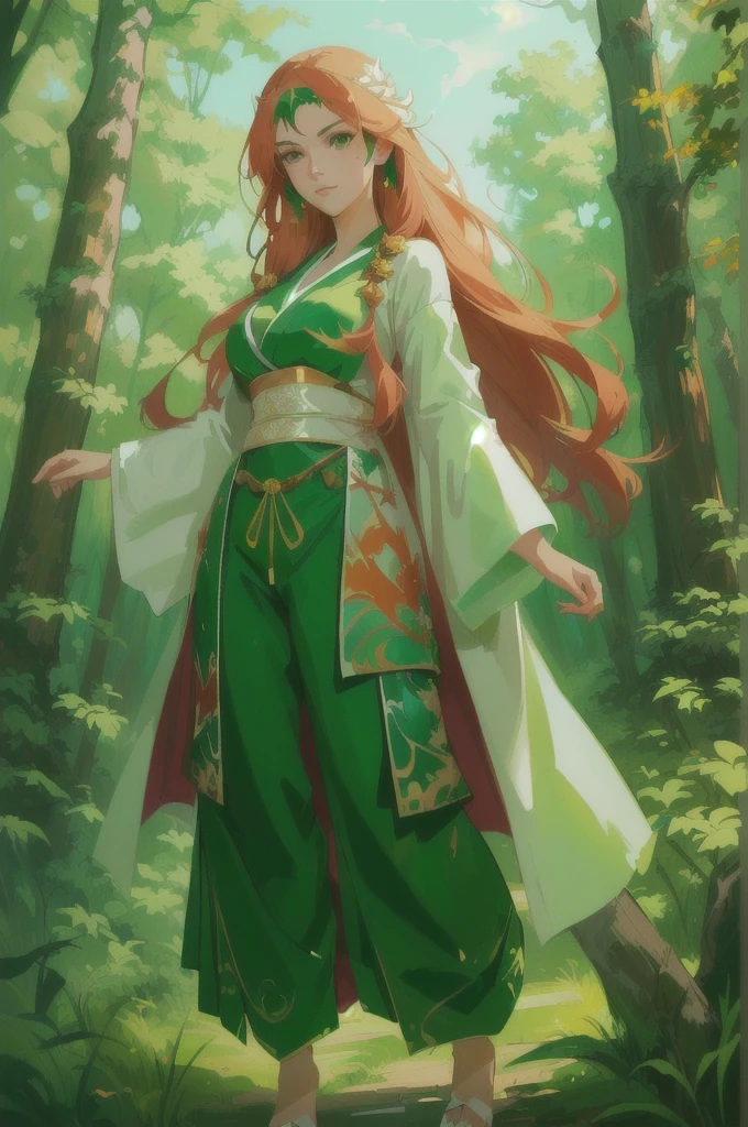 a woman in a white top and green pants stands in the woods, flowing hair and long robes, beautiful character painting, artgerm and atey ghailan, dressed with long fluent clothes, flowing magical robe, made with anime painter studio, demon slayer rui fanart, style artgerm, artwork in the style of guweiz, detailed anime character art