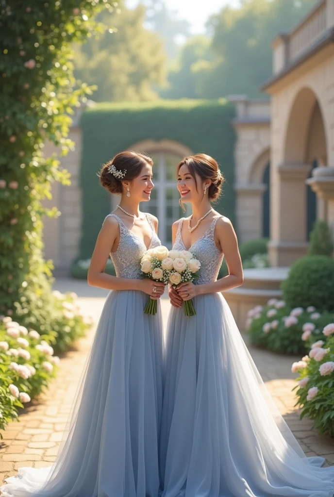 (Photorealism:1.2), two girls dressed as bridesmaids for a wedding