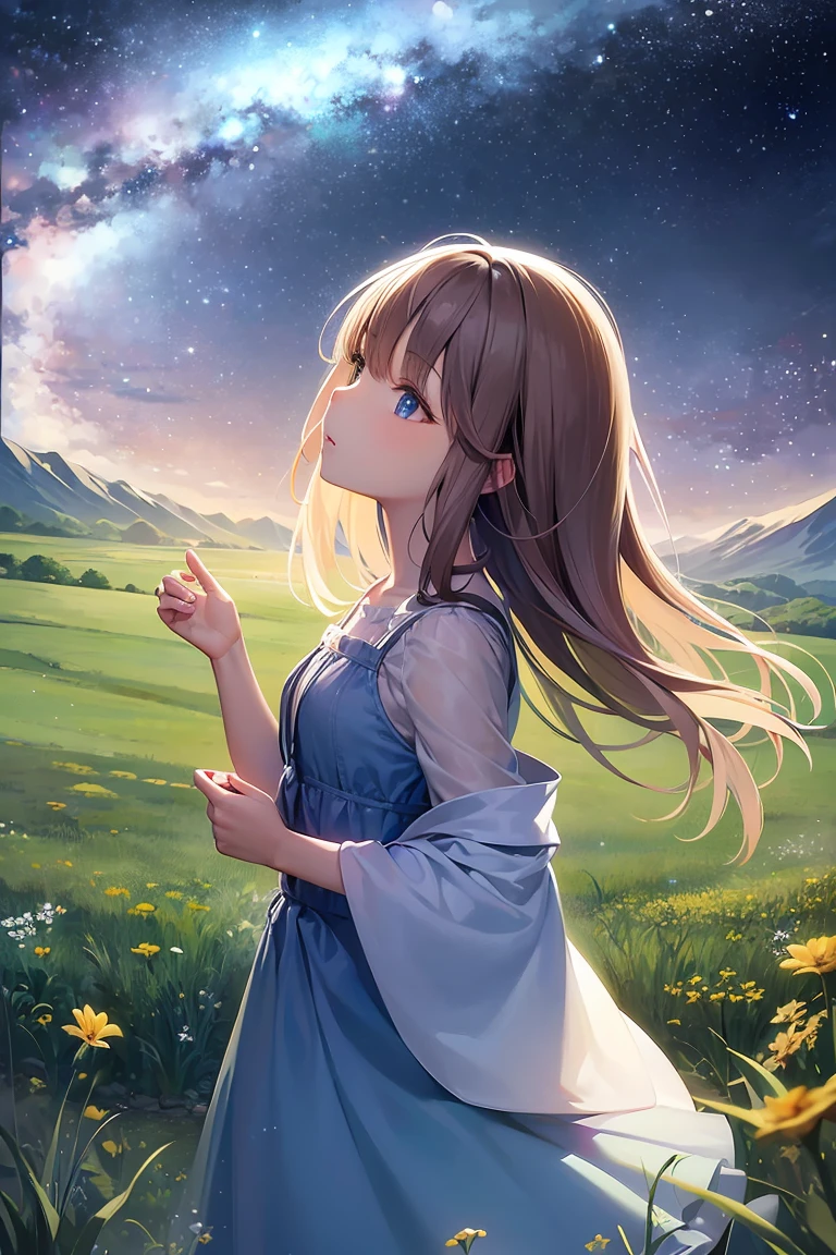 A girl on a meadow,Stars twinkling in the sky,Shining Star,milky way,I look up and see,Pure World,masterpiece,Highest quality,最高masterpiece,Detailed anime art,Digital Art,
