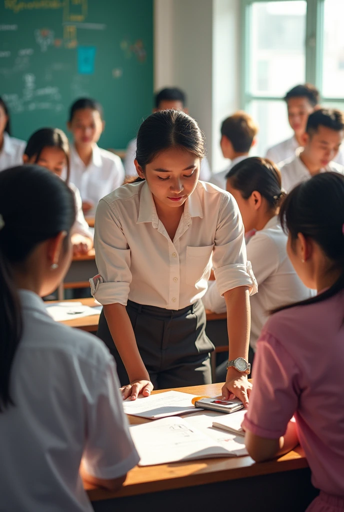 19 Thai teachers, both male and female, aged from 35 to 5. At the secondary school, there are 195 male and female students. Teachers are teaching students, some teaching vocational subjects, some teaching physical education, some teaching English. Some work part-time after not studying and not teaching.